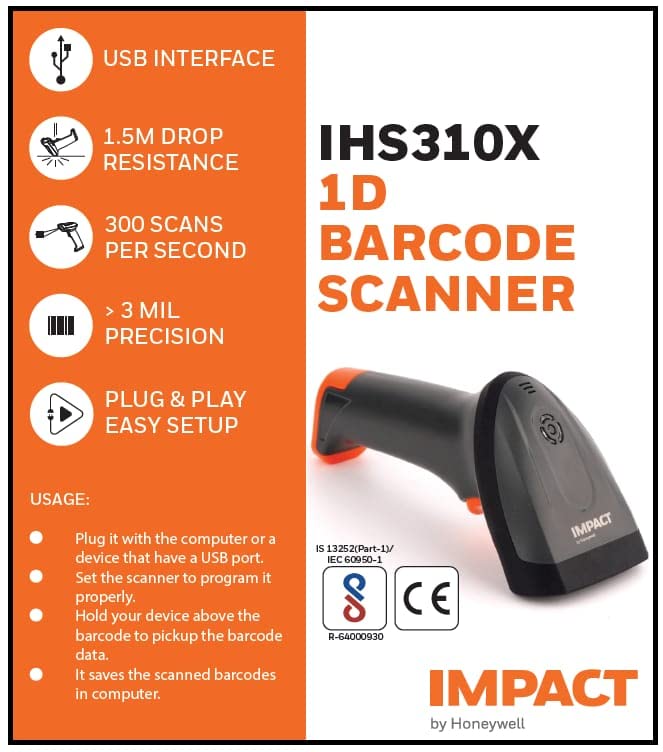 Impact 1D Barcode Scanner IHS310X Laser Barcode Scanner