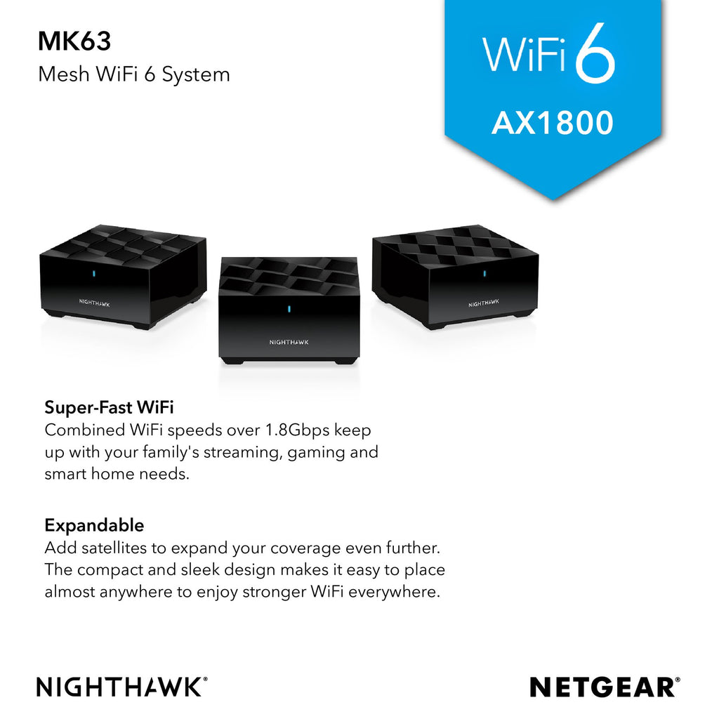 NETGEAR Nighthawk Mesh WiFi 6 System MK63 - AX1800 (1 Router + 2 Satellites)
