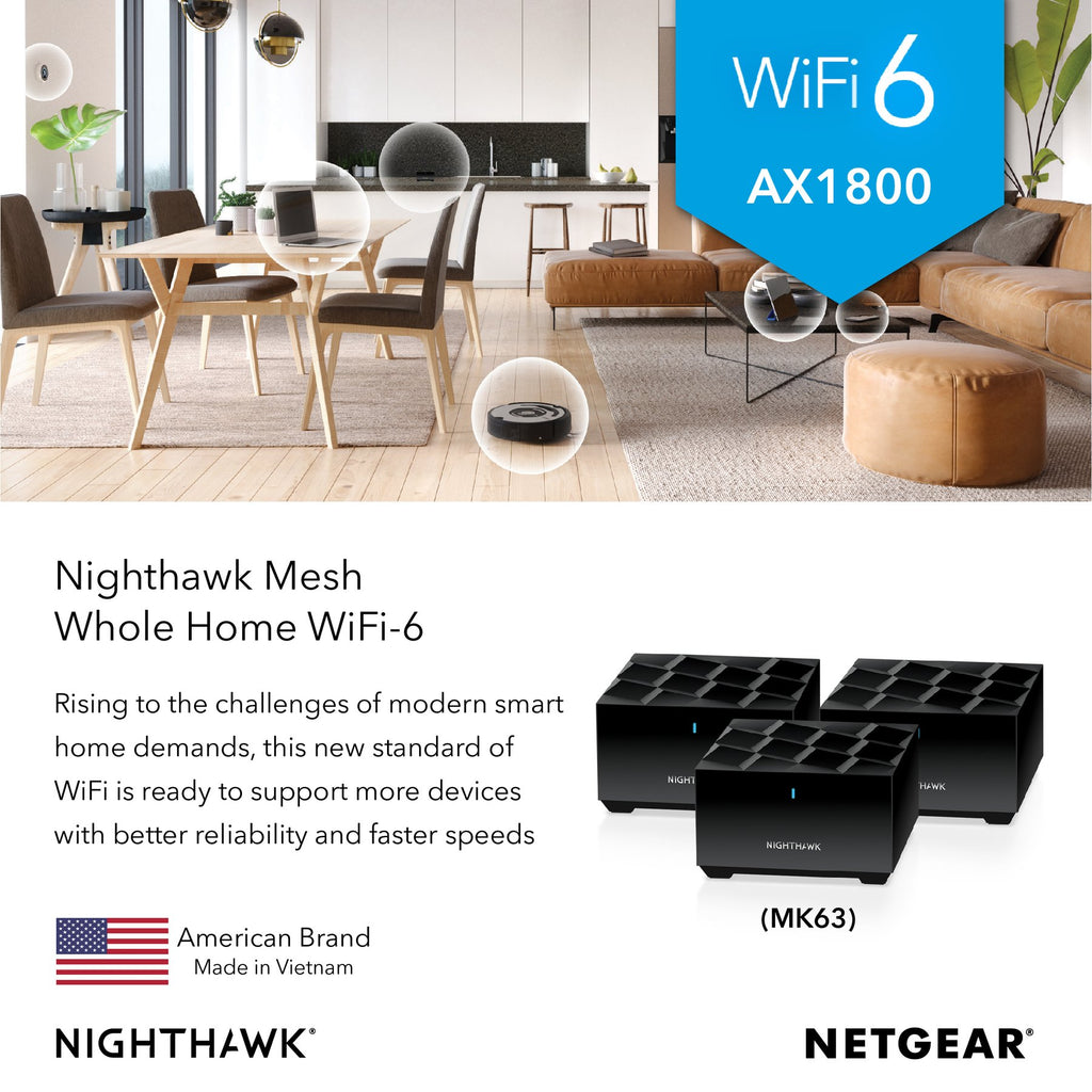 NETGEAR Nighthawk Mesh WiFi 6 System MK63 - AX1800 (1 Router + 2 Satellites) NETGEAR