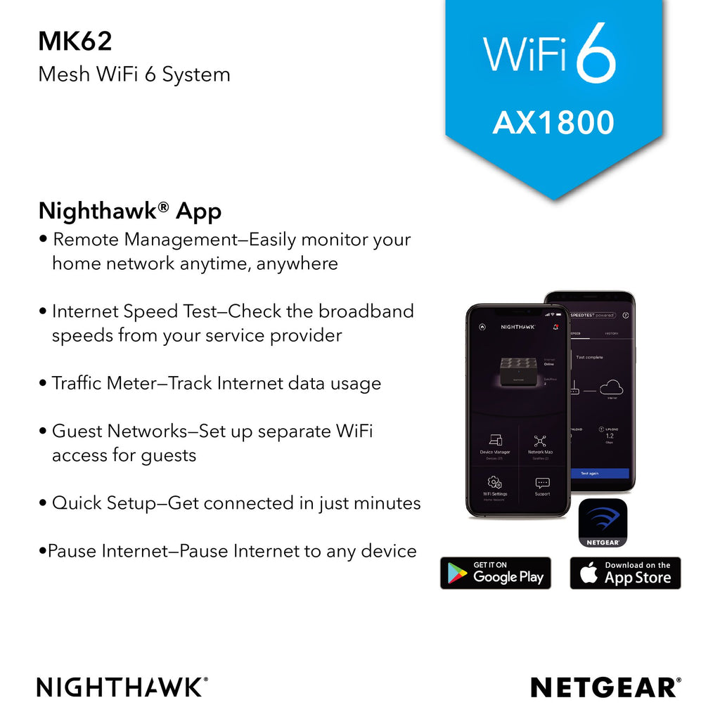 NETGEAR Nighthawk Mesh WiFi 6 System MK62 - AX1800 (1 Router + 1 Satellite)